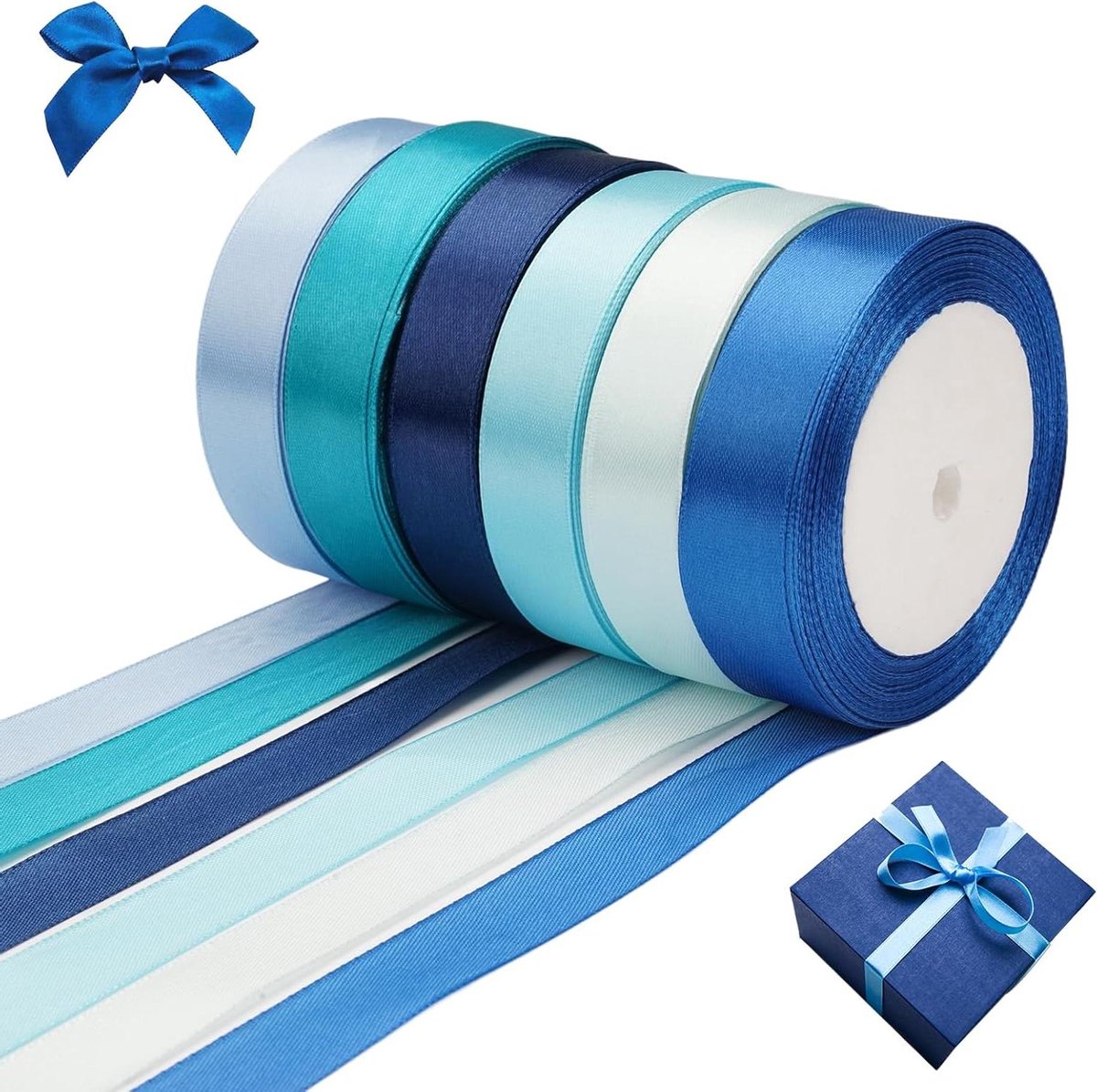 Satijnen lint blauw - 6 rollen - 2 cm x 22 m - cadeaulint - decoratielint - stoffen lint - geschenkverpakkingen - doe-het-zelf - handwerk - bruiloft .