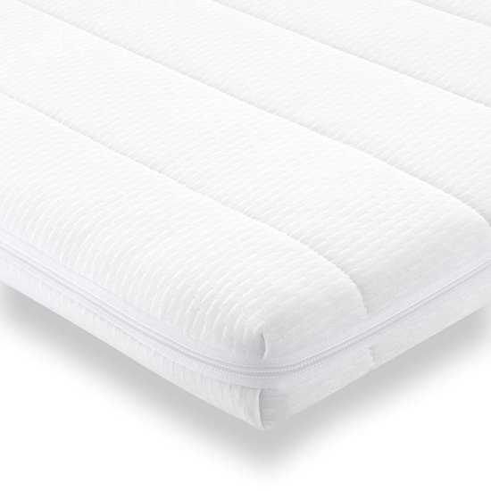Vue détaillée du tissu blanc matelassé d'un surmatelas, avec une fermeture éclair.