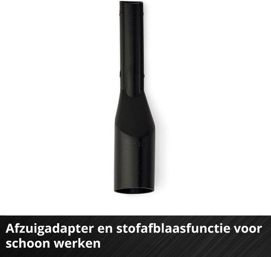 Zwarte afzuigadapter en stofblaasfunctie voor schoon werken met Einhell gereedschap.