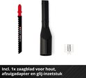 Zaagblad voor hout, zwarte afzuigadapter en wit glij-inzetstuk, met tekst.