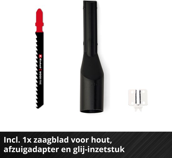 Zaagblad voor hout, zwarte afzuigadapter en wit glij-inzetstuk, met tekst.