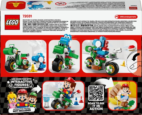 Doos van de Lego set 72031 "Mario Kart - Yoshi-Crosser" met afbeeldingen van het model, de inhoud en interactieve figuren (niet inbegrepen).