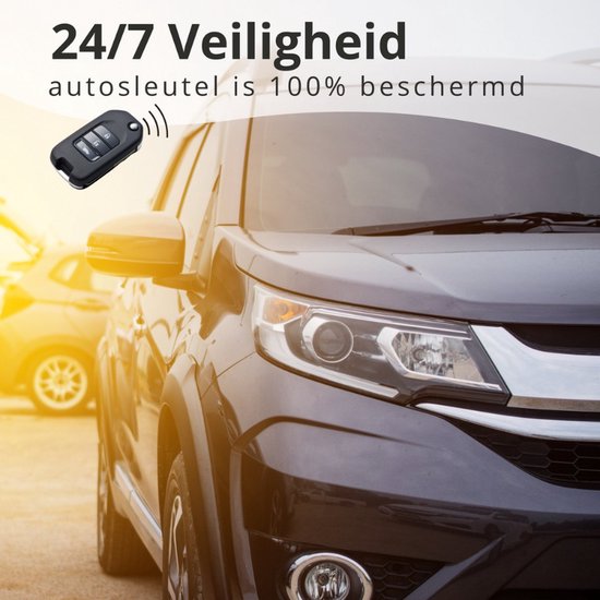 Zwarte autosleutel naast donkergrijze auto. Tekst: 24/7 Veiligheid autosleutel is 100% beschermd.