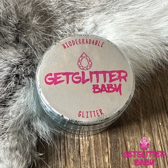 Potje met de tekst 'BIODEGRADABLE', 'GETGLITTER BABY', 'GLITTER'.