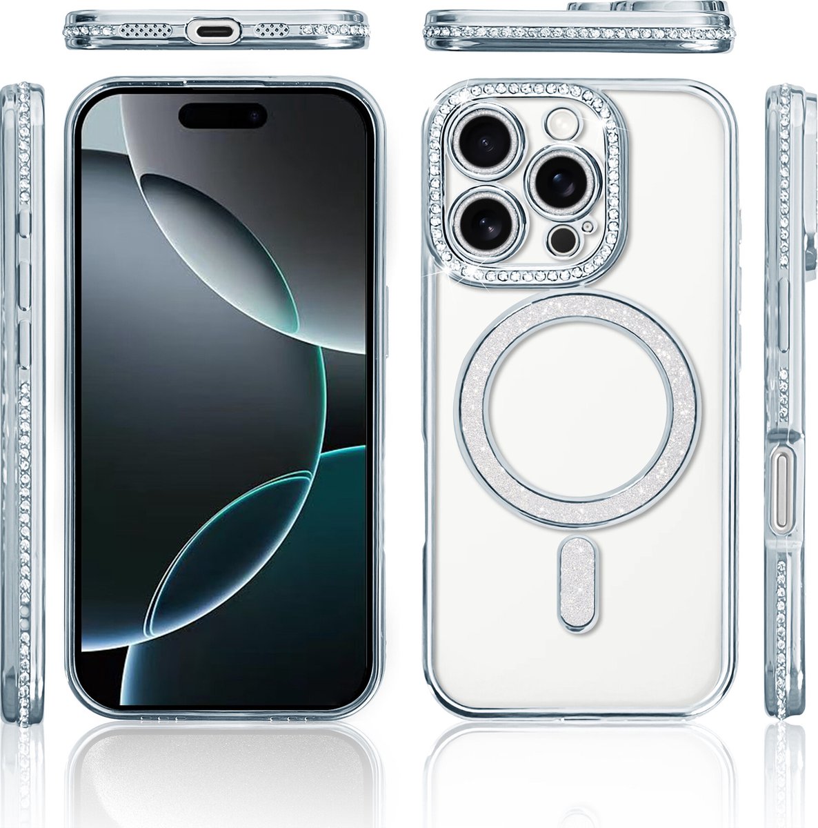 Hoesje Geschikt voor iPhone 16 Pro Magsafe hoes Lens beschermer Zliver – Luxe bling sprankelende diamant backcover