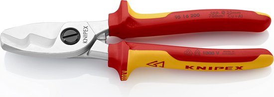 Knipex kabelknipper met rode en gele handvatten. De kop is van metaal en de handvatten zijn geïsoleerd tot 1000V.