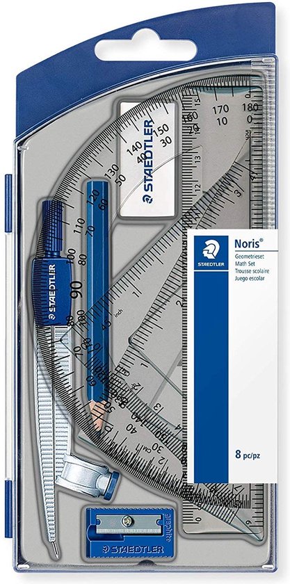 Staedtler geometrisch 8-delig, inclusief gradenboog, liniaal, passer en puntenslijper.