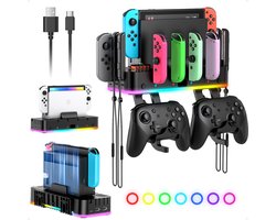 Kraftverdia™ - Support mural RVB - pour Nintendo Switch/OLED et Joycon - Station de charge LED- pour contrôleur de Switch et console - avec 4 ports USB - Organisateur de Switch pour 10 emplacements pour cartes - 2 crochets