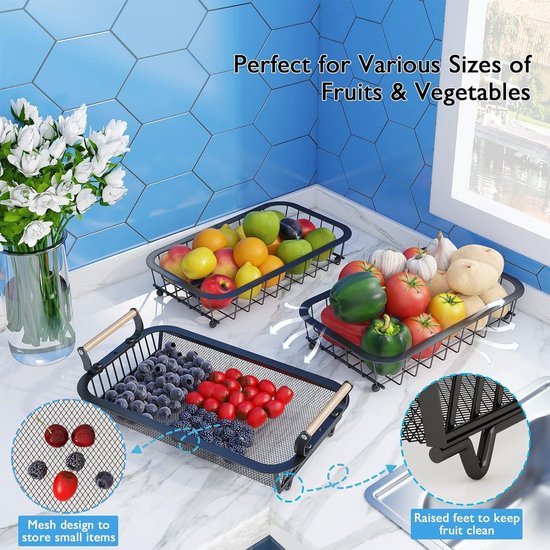ANTOPY 2-laags fruitmand met 2 bananenhangers, aanrecht fruit groentemand kom voor keuken teller metalen draad opslagmand fruit standhouder organizer voor brood snack groenten producten, zwart