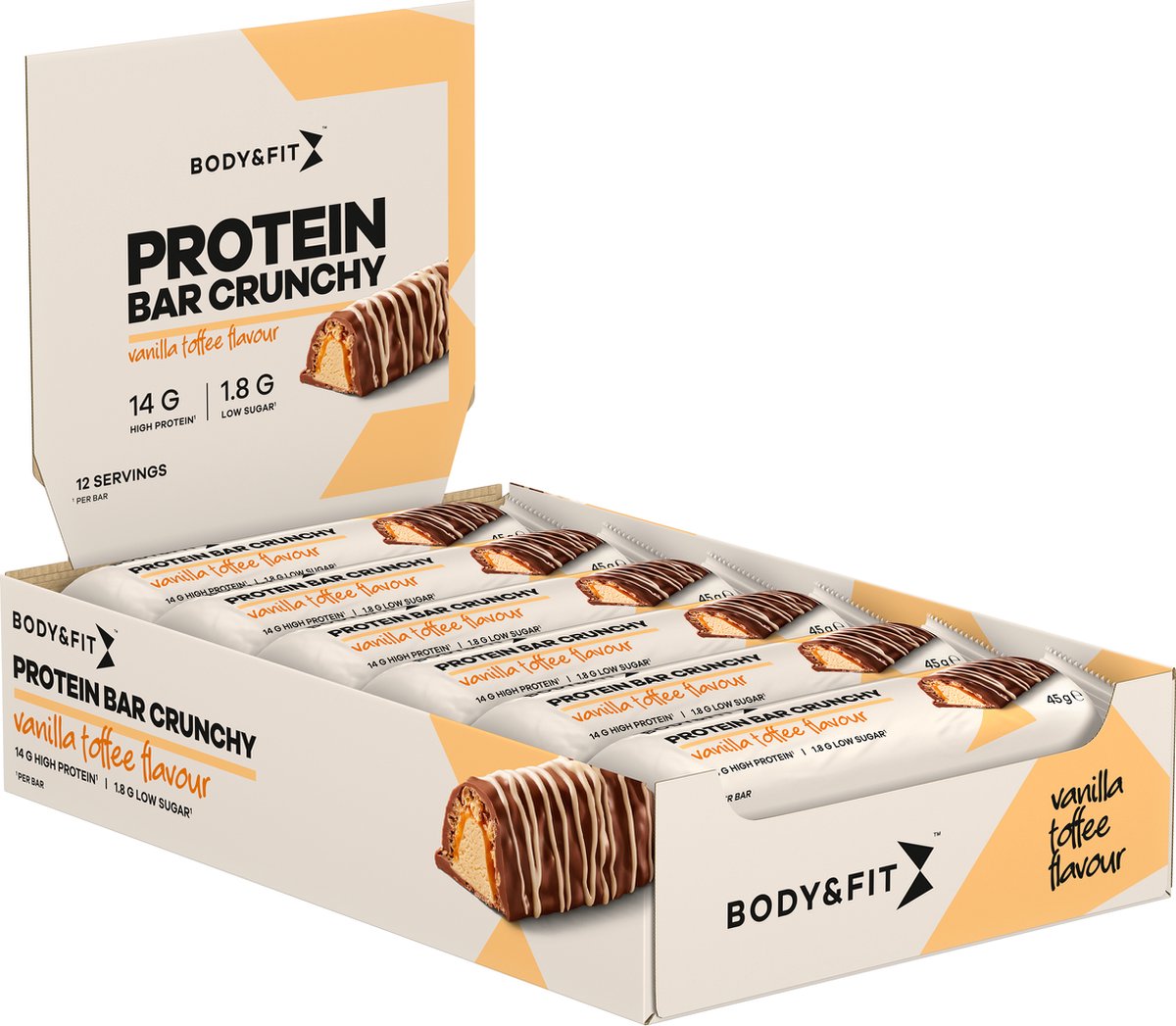 Goedkoopste Body & Fit Protein Bar Crunchy - Knapperige Eiwitreep - Proteïne Repen - Vanille Toffee - 540 gram (12 Eiwitrepen