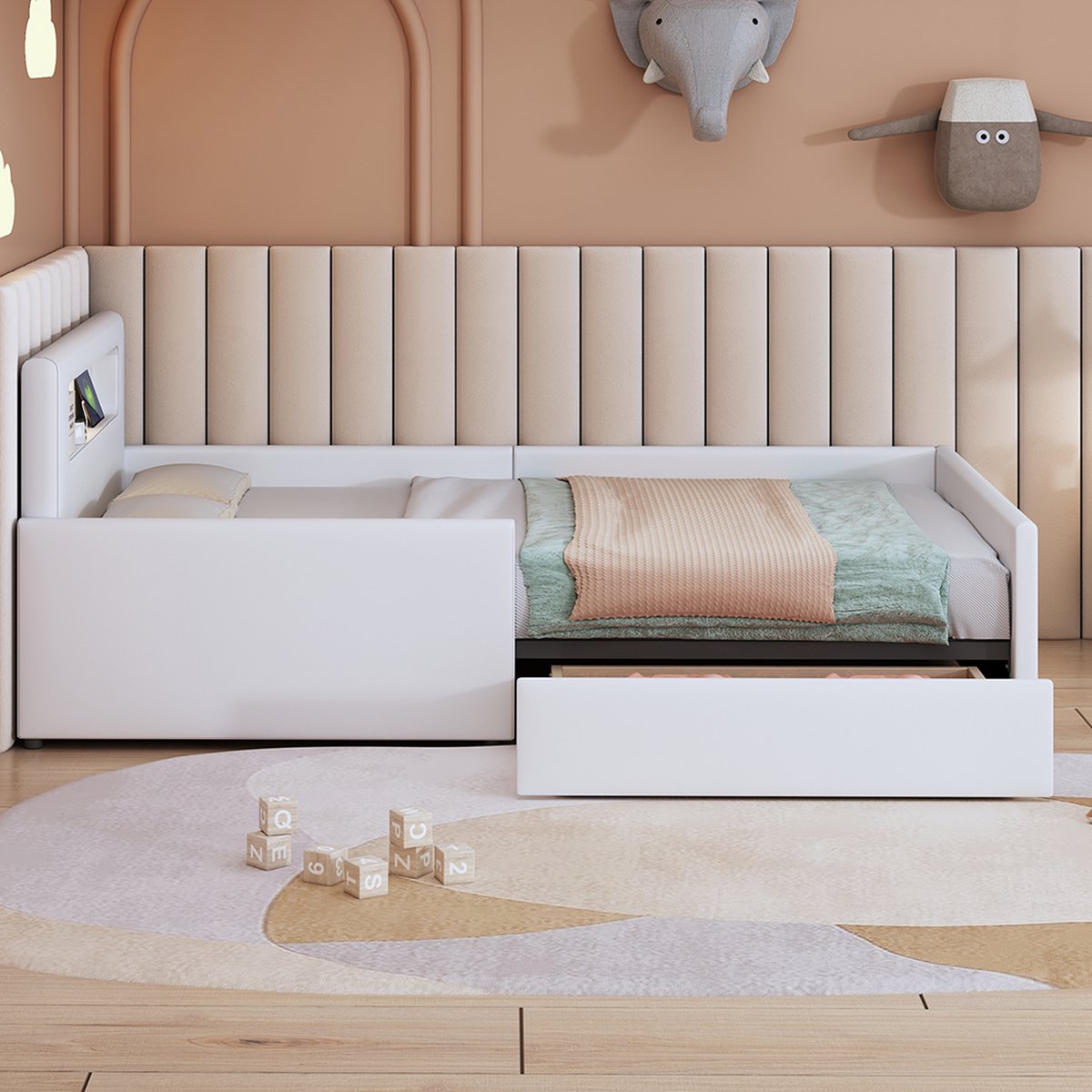 KOMHTOM Kinderbed met Lade 90 x 200 cm met nachtlampje USB-aansluiting opbergvak verhoogde zijhek voor veiligheid Wit