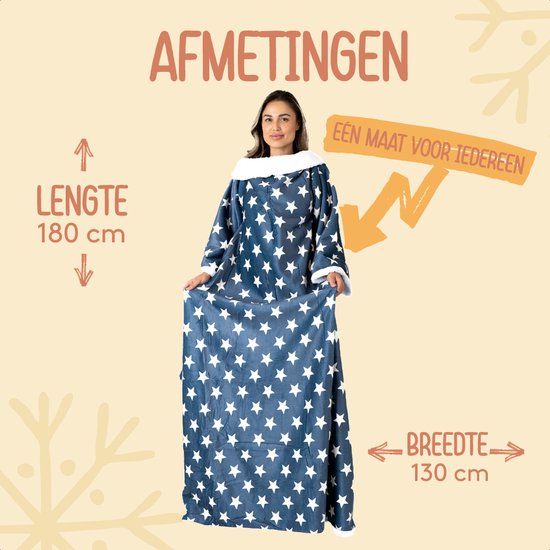 Een blauwe deken met witte sterren, met mouwen, lengte 180 cm, breedte 130 cm.