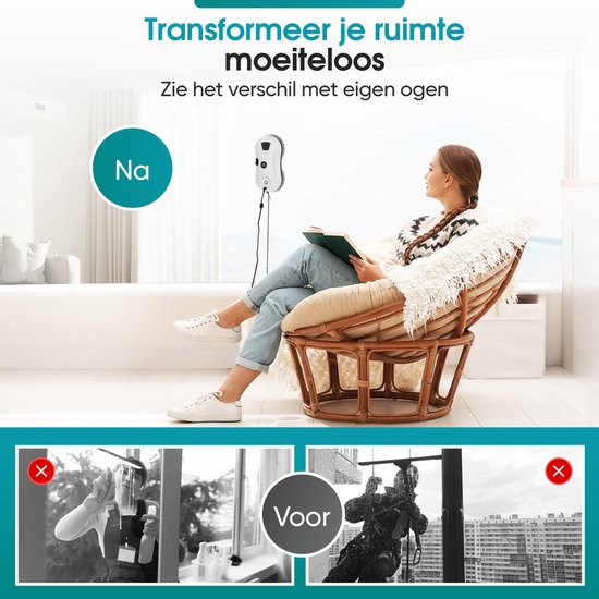 Vrouw zit ontspannen in fauteuil terwijl de TibaGoods robotruitenreiniger ramen schoonmaakt. Vergelijking met ouderwets ramenlappen.