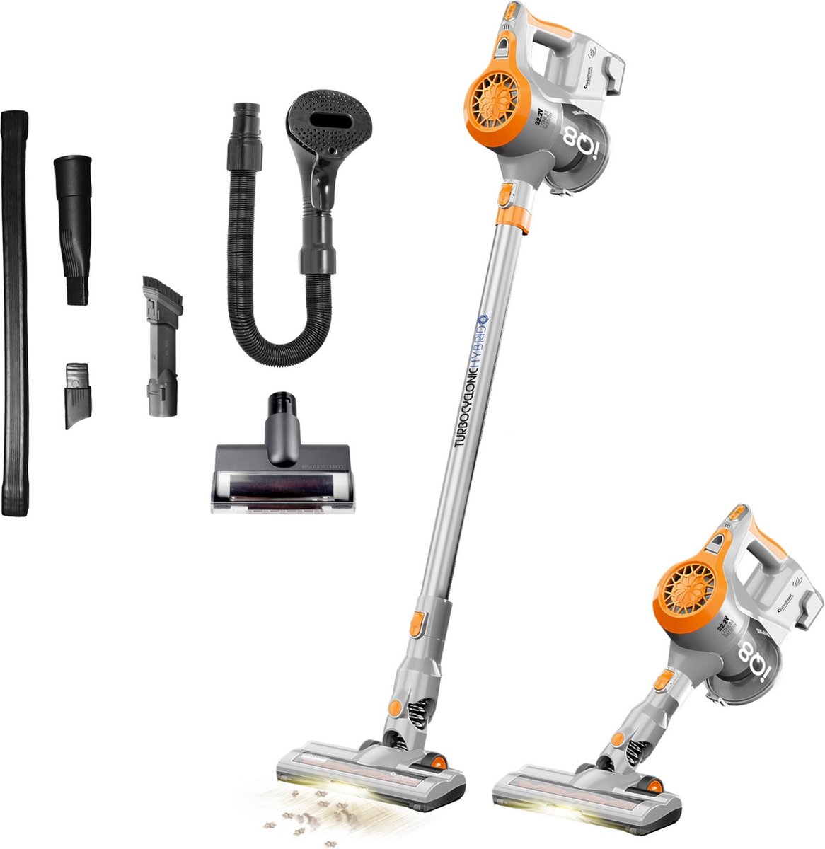 TurboTronic IQ8 Draadloze Steelstofzuiger met Kruimeldief - Zilver/Oranje