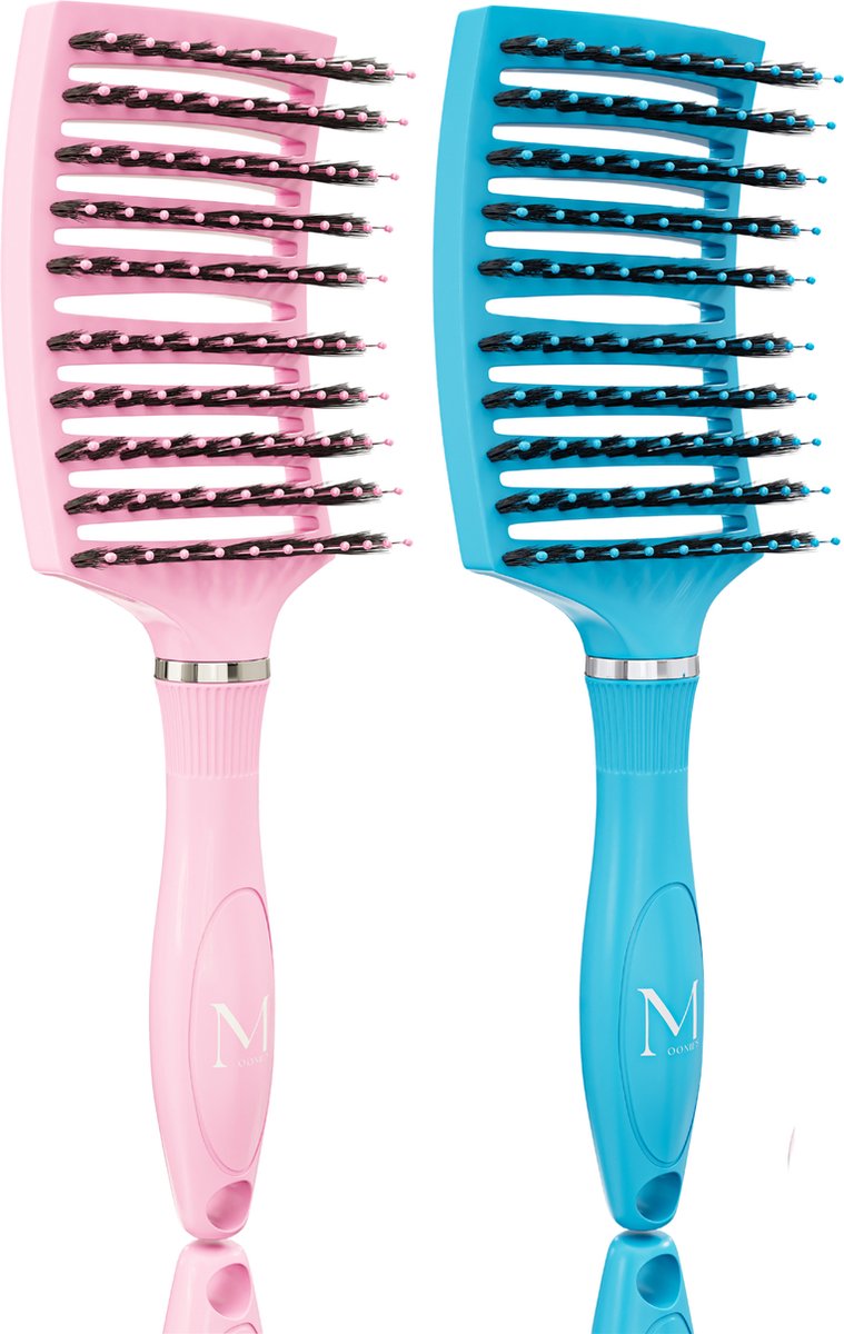 Moonie's Anti-Klit Haarborstel - Duo pack - Curved - Roze - Blauw