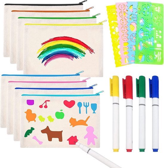 Blanco stoffen zakjes, 10 stuks doe-het-zelf stoffen etui, blanco etui met 12 gekleurde pennen, voor op reis, make-uptassen, mapjes, opbergen (12 x 21 cm