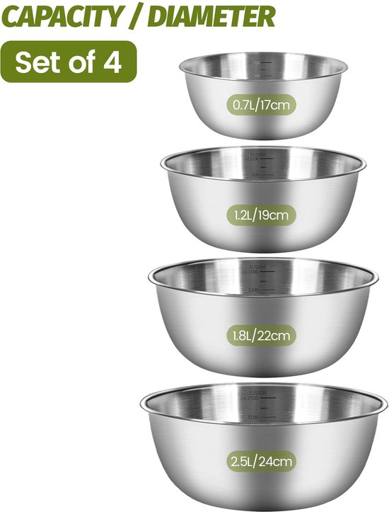 6 Stuks Roestvrijstalen Kommen 17 Cm - Slakommen Met Maatmarkeringen Voor Muesli, Salade En Serveren