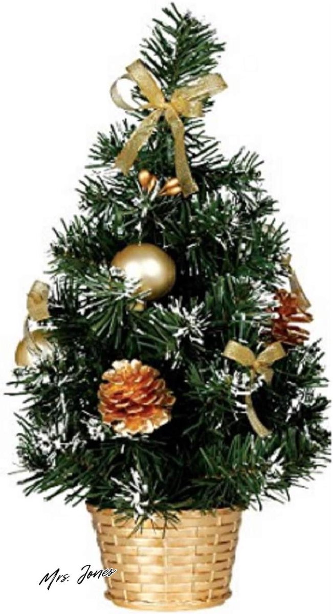 Mrs. Jones Mini-kerstboom versierd met ballen dennenappels en linten groen goud 03 meter .
