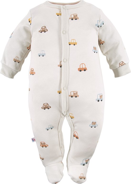 Crèmekleurig boxpakje met all-over print van autootjes en teddyberen, met drukknoopsluiting.