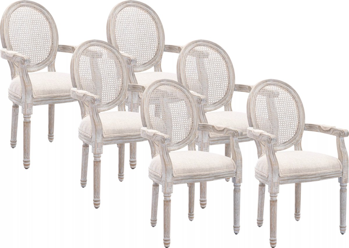 Vente-unique Set van 6 stoelen met armleuningen - Riet, stof en heveahout - Beige - ANTOINETTE