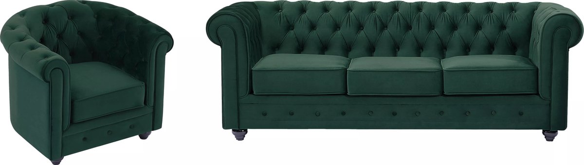 Vente-unique Driezitsbank en fauteuil van groen velours CHESTERFIELD