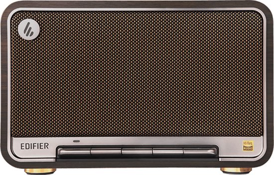 Edifier D32 luidspreker met houten afwerking, zilveren rand en metalen grille. Met 'Edifier' logo en Hi-Res Audio sticker.