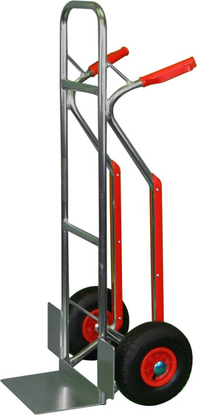 Grijze steekwagen met rode stangen, twee wielen en een metalen laadplatform.