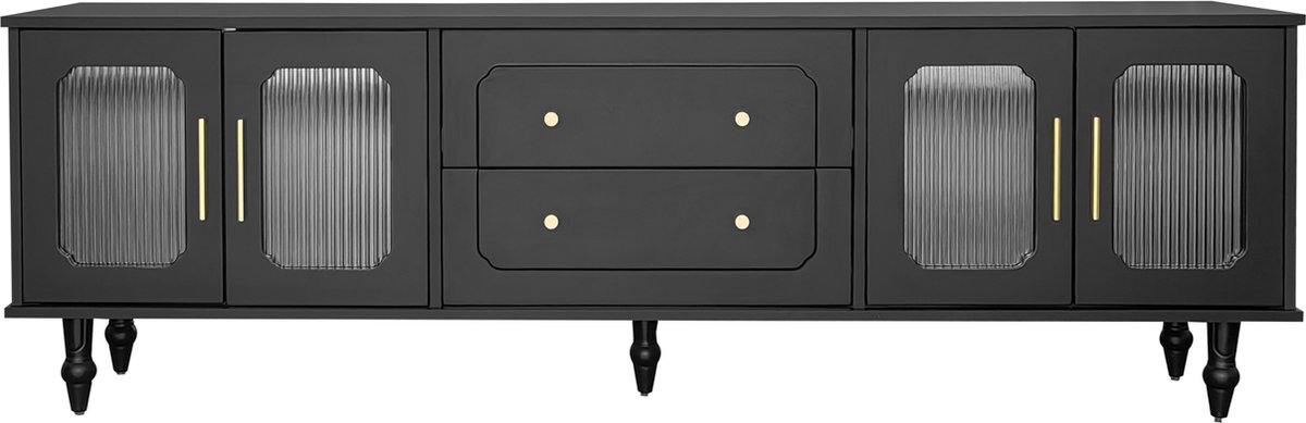 Merax Retro TV Meubel 175 cm – Zwart met Geribbeld Glas in Deuren en Gouden Handgrepen – Kast met 2 Lades