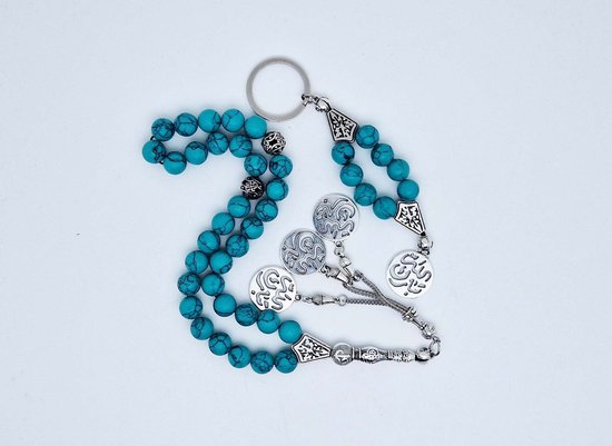 Tasbih et porte-clés en pierre naturelle fait main "Howlite verte" - Modèle 11 - 10 mm de diamètre du grain - Bel accessoire et décoration pour la voiture - Vaderdag - Cadeau fête des mères - Cadeau amis