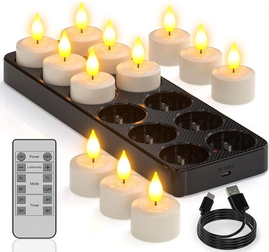 Set van 8 led-theelichtjes met laadstation