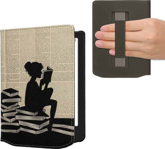 kwmobile e-reader hoesje geschikt voor Pocketbook Verse / Verse Lite / Verse Pro / Color / Vivlio Light/Light HD hoes - E reader flip case met magneetsluiting - Ereader cover - Meisje met boeken design in zwart / beige van Merkloos — afbeelding 5