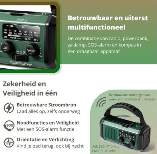 Living Goods - Radio d'urgence - Remontage Solar 20 000 mAh - MODÈLE 2025 - Banque d'énergie Solar Énergie solaire - Forfait d'urgence de Survie - Lampe de poche rechargeable - Forfait d'urgence - Ration d'urgence - Vert
