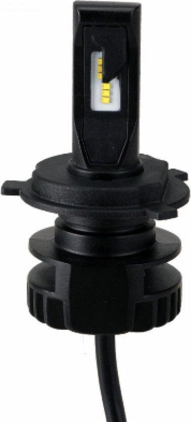 Ampoule de phare LED H4 noire avec ailettes de refroidissement et puce LED jaune.