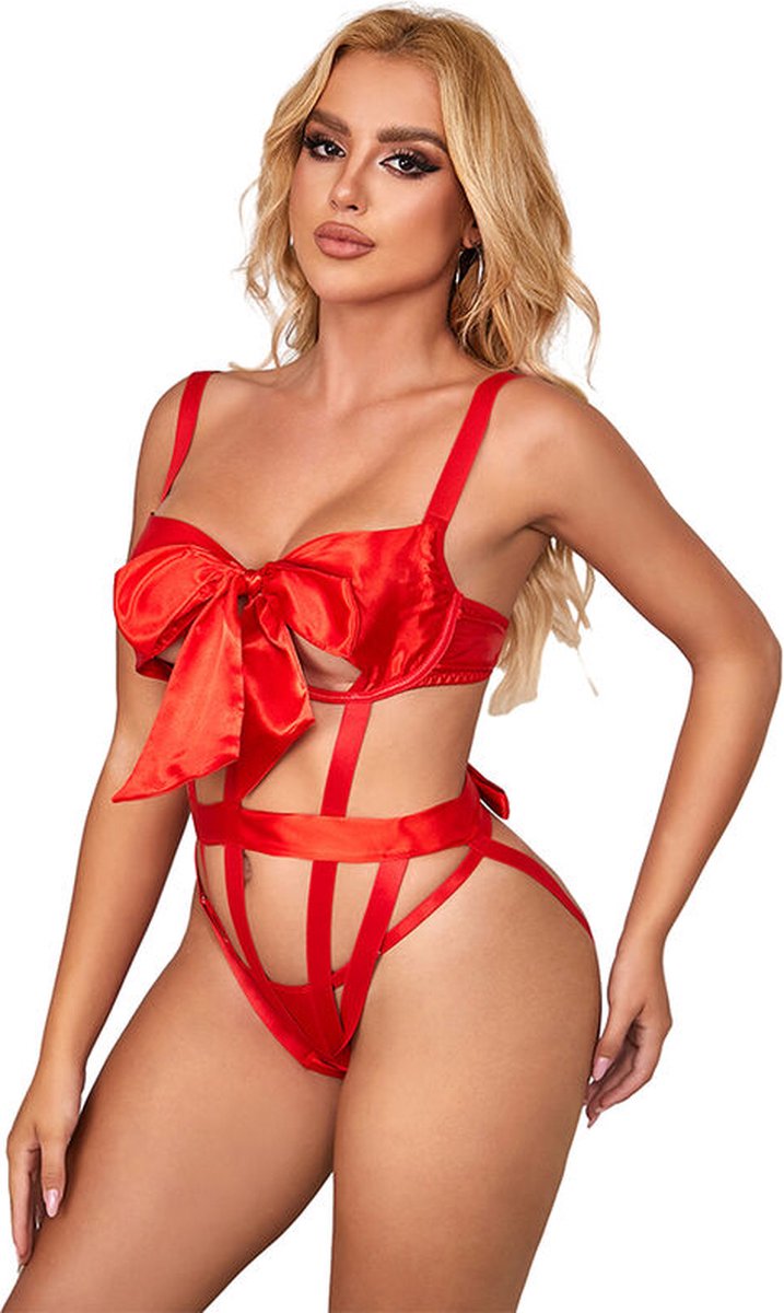 SUBBLIME - SEXY OPENGEWERKT LIJFJE MET STRIK ROOD S/M | BODY | EROTISCHE BODY | LINGERIE | LINGERIESET | SEXY LINGERIE | EROTISCHE LINGERIESET