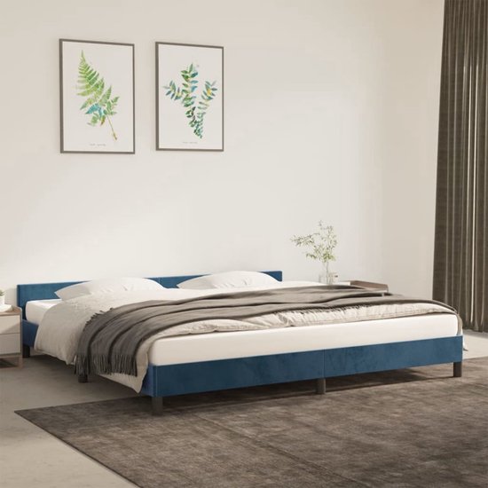 The Living Store Cadre de lit Velours - Bleu foncé - 203 x 206 x 50 cm - Convient pour Matras 200 x 200 cm - Pieds stables - Sommier à lattes en contreplaqué
