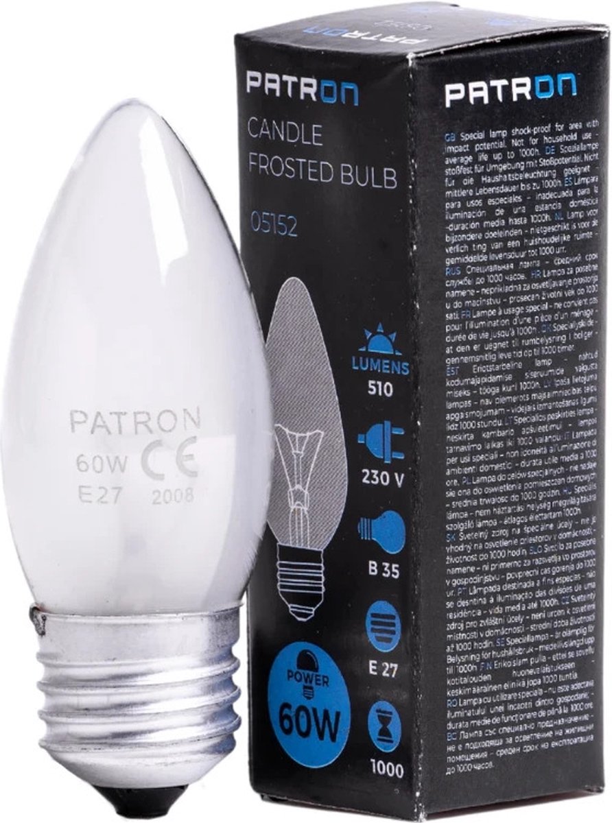 Patron E27 Kaars Gloeilamp | 60W 2700K 510Lm Mat | Dimbaar