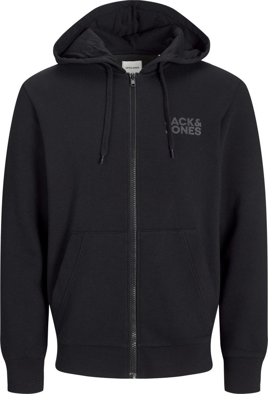 Sweat à capuche zippé noir avec logo "JACK & JONES" sur la poitrine.