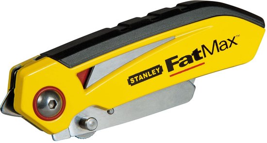 Gele Stanley FatMax vouwmets met zwart handvat en metalen mes, gesloten.