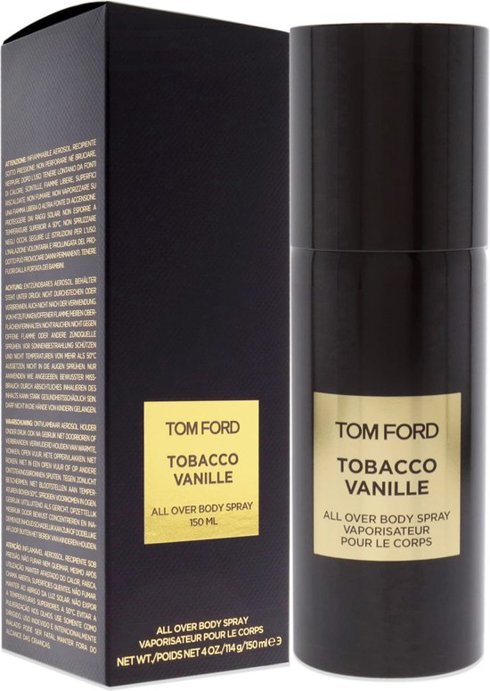 Zwarte spuitbus en doos met gouden label: TOM FORD TOBACCO VANILLE ALL OVER BODY SPRAY 150 ML.