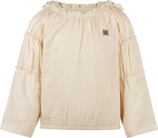 Off-white katoenen blouse met rucheskraag, pofmouwen en een geborduurd logo.