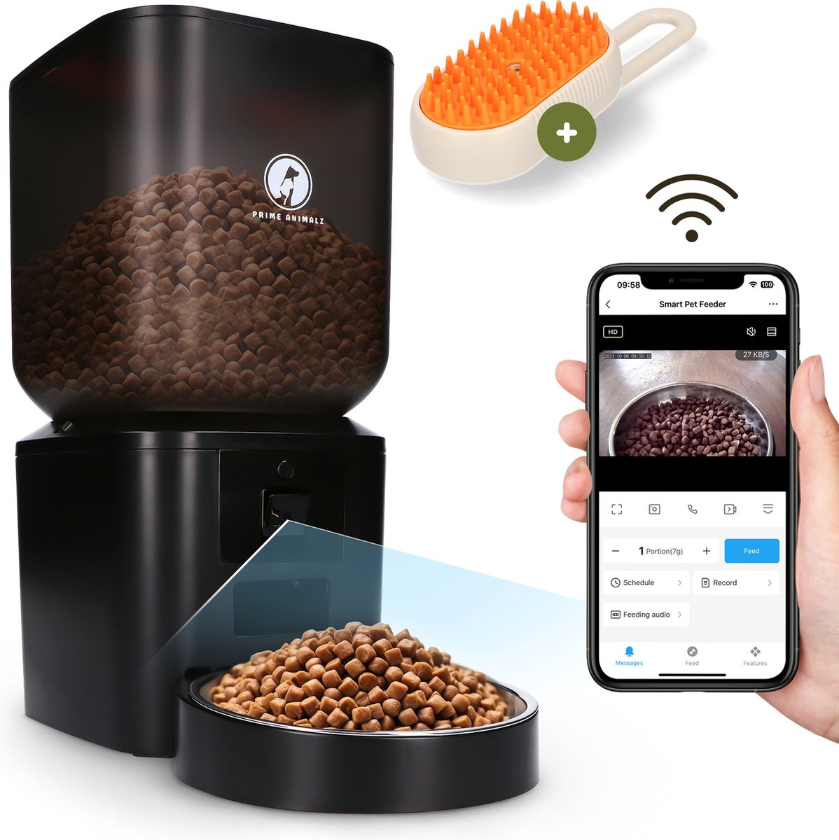 Afbeelding 2 van Prime AnimalZ Automatische Voerbak Kat & Hond 7L – Slimme Voerdispenser met Camera – Full HD 1080P Night Vision – Two-Way Audio – Voerautomaat met App – Kattenvoer Automaat – Smart Pet Feeder – Met Stoomborstel – Zwart