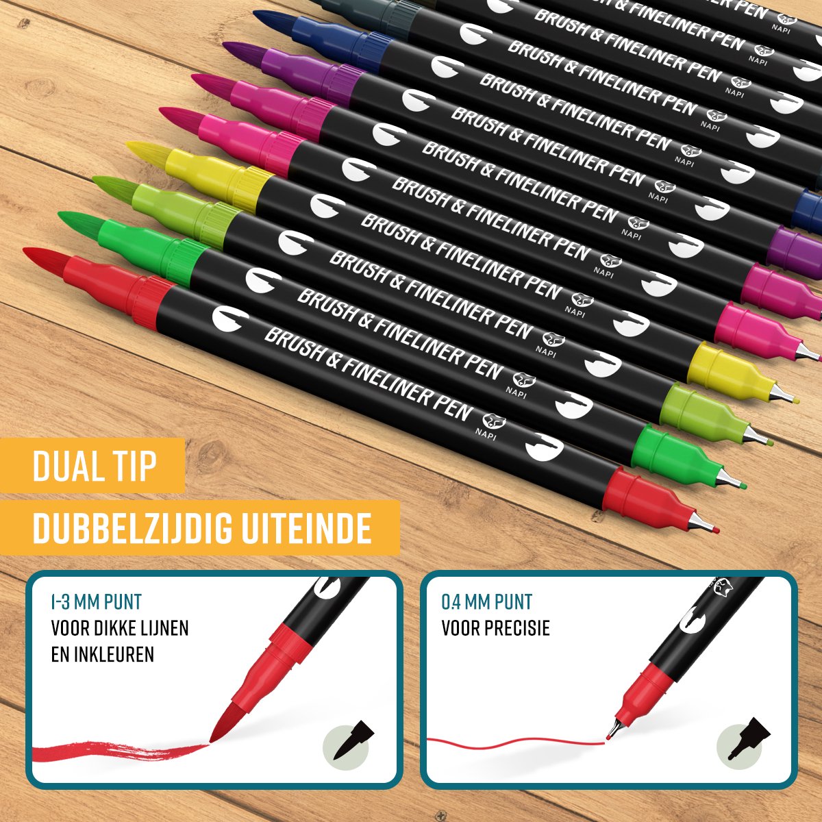 NAPI Twinmarkers - 12 Stiften voor Volwassenen - Dubbelzijdige Brushpennen - Fineliners Kleur - Handlettering - Bullet Journal Accessoires - Brush Pennen Aquarel - Markers Kinderen - Markeerstiften Incl. 2 Mandala Sjablonen — afbeelding 2