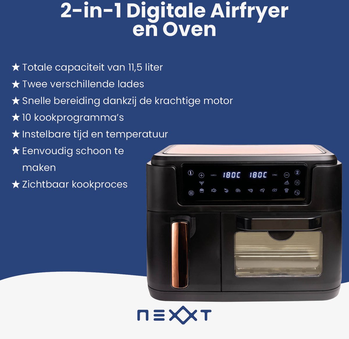 Afbeelding 2 van Nexxt Dubbele Airfryer XXL – Heteluchtfriteuse en Oven in één – Twee Lades van 3,5 en 8 Liter - 11,5 Liter – 10 Kookprogramma’s – 2400W – Zwart