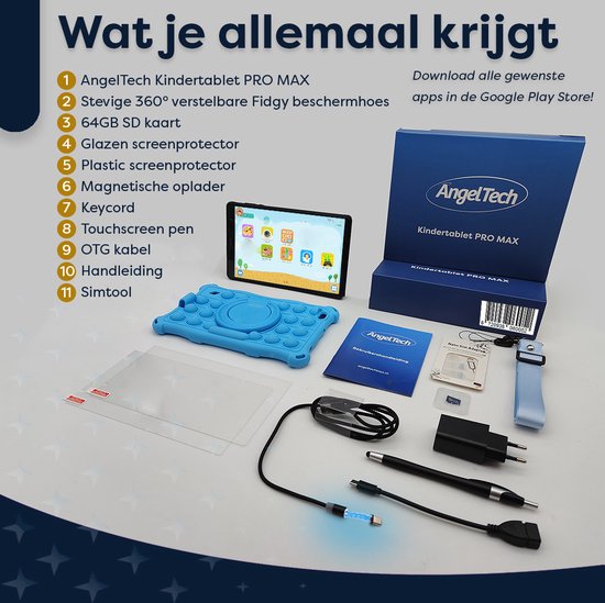 AngelTech Kindertablet PRO MAX - 4+3GB RAM - 64+64 GB - Android 14 - Snelle 8 Inch Kindertablet - Vanaf 3 Jaar - Perfect Voor School - Ouderlijk Toezicht - Ook Voor Volwassenen - 360° Fidgy Beschermhoes - Blauw