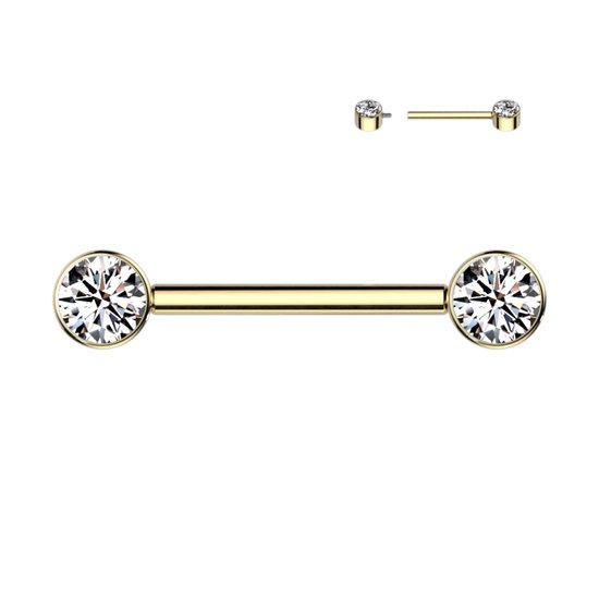Gouden piercing met aan beide zijden een heldere steen.