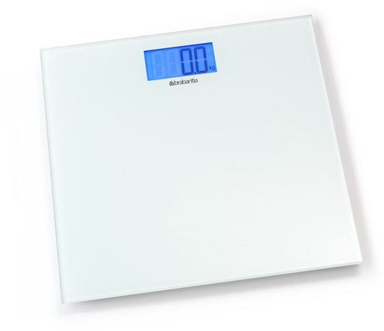Balance personnelle numérique blanche avec écran bleu.