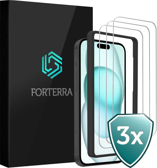 Forterra Screenprotector Geschikt voor iPhone 15 Screenprotector Met Montage Frame Glas Gehard Screen Cover - Screen Protector Geschikt voor iPhone 15 Screenprotector Met Frame Tempered Glass - 3 PACK
