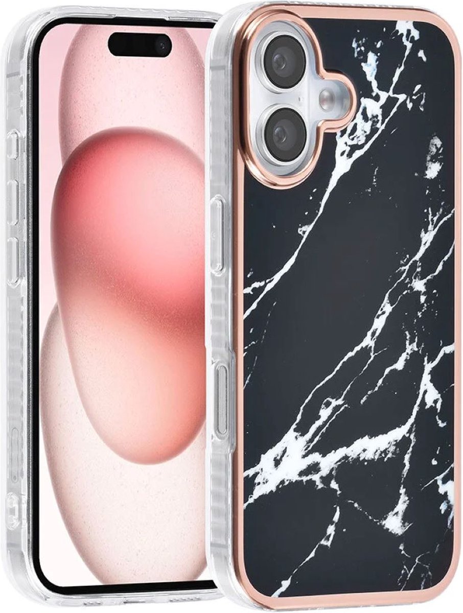 Multimedia & Accessoires Siliconen Marmer Harde Back Cover Case Hoesje geschikt voor Apple iPhone 16 – TPU – Harde Plastic – Zwart