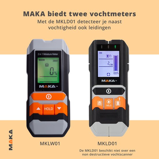 Twee MAKA vochtmeters naast elkaar. Links de MKLW01 (zwart, grijs, oranje). Rechts de MKLD01 (zwart, grijs, oranje) met geleiding-icoon.