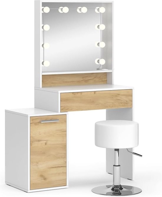 Vicco Make uptafel set met kruk Dekos, Wit, 75 cm LED spiegel en krukje